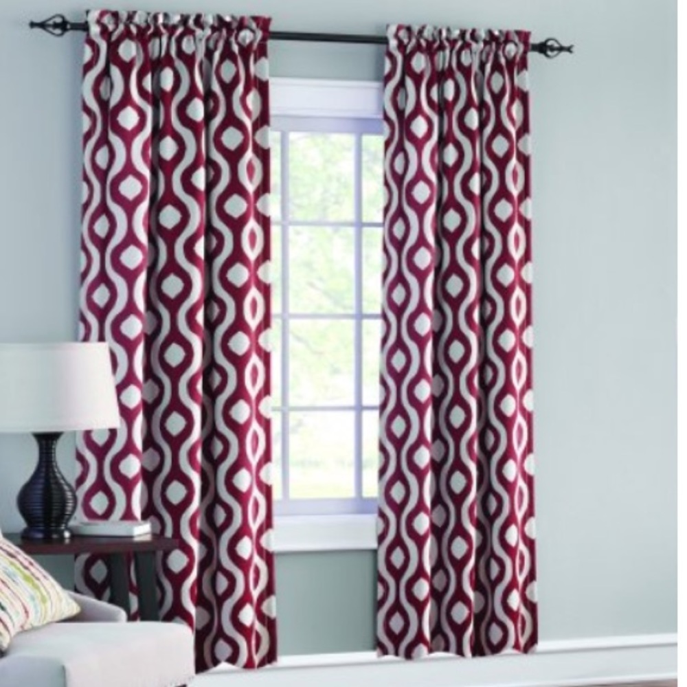 Dark red and tan window curtains
